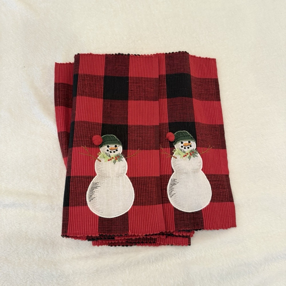 4 St. Nicholas Square Buffalo Plaid‎ Snowman Embroidered Placemats Puffball Set - Picture 9 of 12